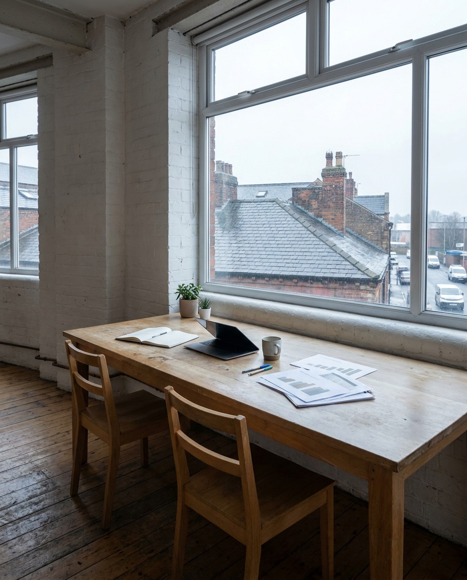 An empty oak table against whitewashed brick in soft daylight