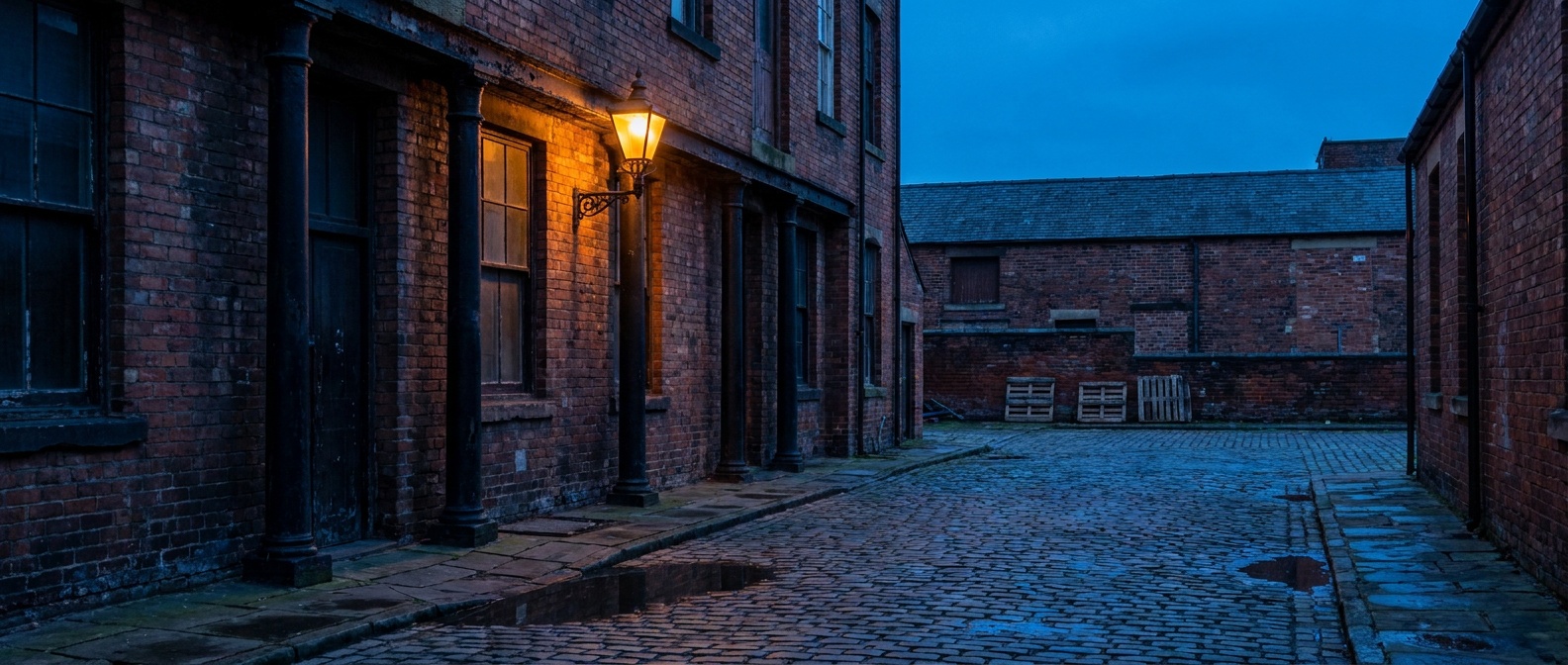Red brick and cast iron in a Leeds courtyard at dusk